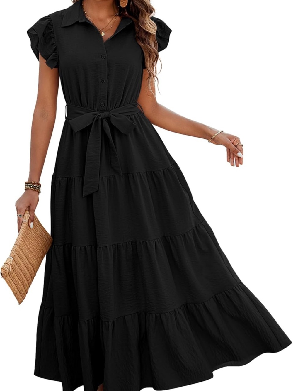 Classic Black Tiered Maxi Dress with Waist Tie